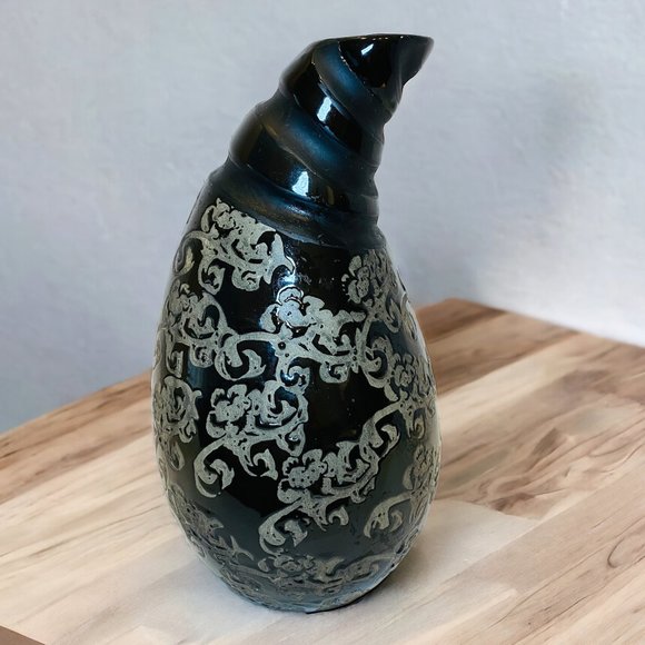Black & Silver Ceramic Vase Unusual Twisted Floral - Picture 1 of 7
